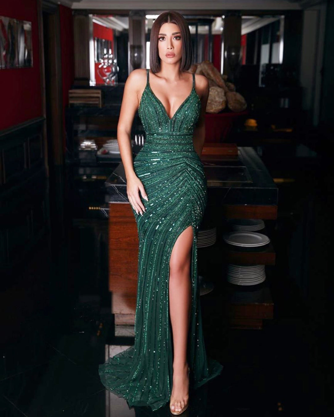 Catwalk Couture Beaded Green Evening Gown